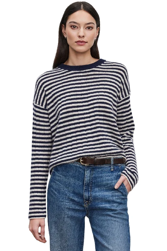 Lounge Knit TopsVelvet Monica Cashmere Striped Sweater in Linen-Navy