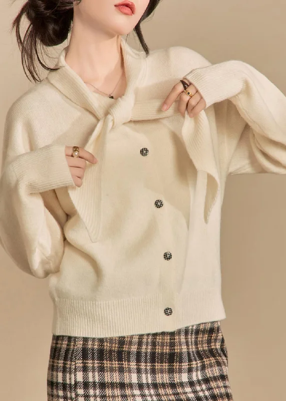 Luxury Knit TopsWomen Beige Bow Button Solid Knit Sweaters Winter