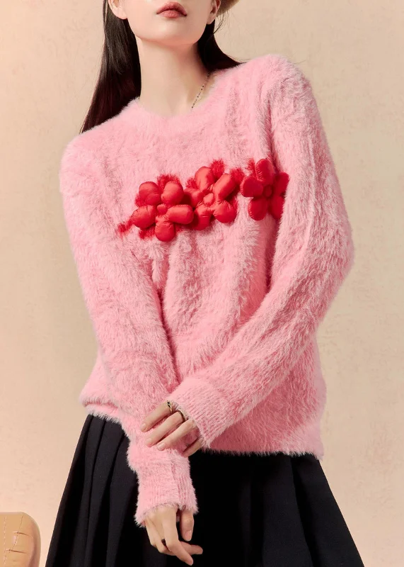 Punk Knit TopsWomen Pink O Neck Floral Mink Hair Knitted Sweaters Winter