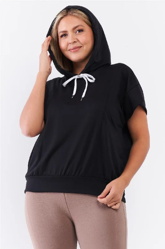 Travel SweatshirtsBlack Short Wing Sleeve Relaxed Fit White Draw String Tie Hood Detail Top