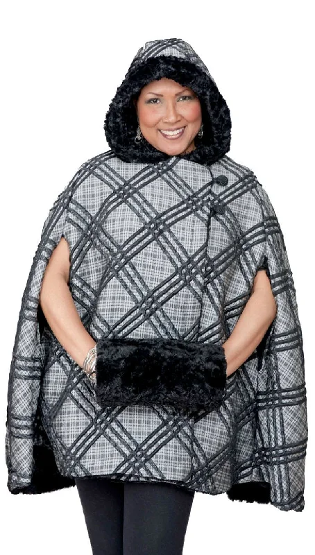 Sheer HoodiesHooded Cape, Reversible - Silver Plaid Upholstery with Cuddly Faux Fur in Black (One Left!)